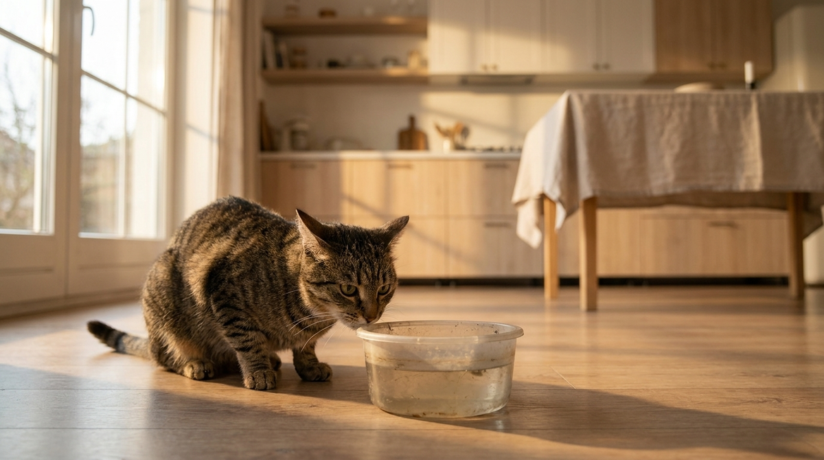 Katze schnuppert zoegerlich an einem Plastiknapf mit truebem Wasser in der Kueche
