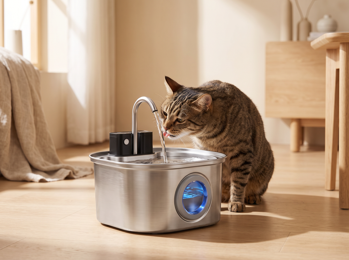 Katze trinkt aus dem fliessenden Wasserstrahl des Miavo Katzenbrunnens aus Edelstahl