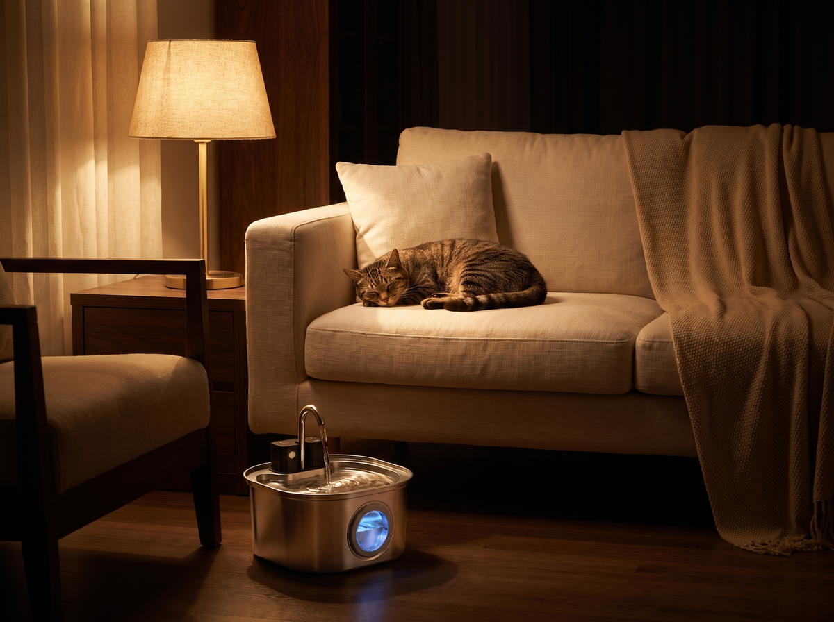 Katze schlaeft abends auf dem Sofa neben dem leisen Miavo Katzenbrunnen