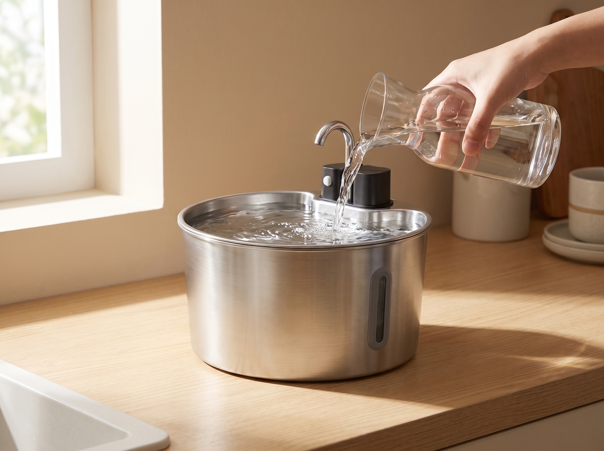 Hand fuellt den Miavo Max aus einer Glaskaraffe mit frischem Wasser