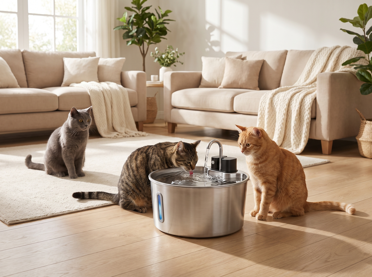 Drei Katzen versammeln sich um den grossen Miavo Max im Wohnzimmer
