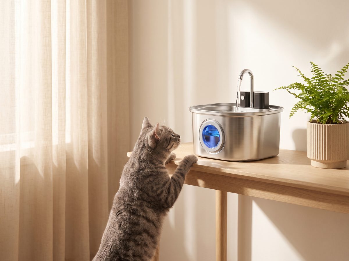 Katze streckt sich zum kabellosen Miavo Quell auf einem schmalen Holztisch