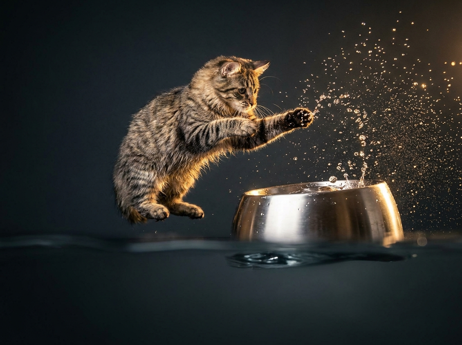 Katze springt und faengt goldene Wassertropfen ueber einer Edelstahlschale