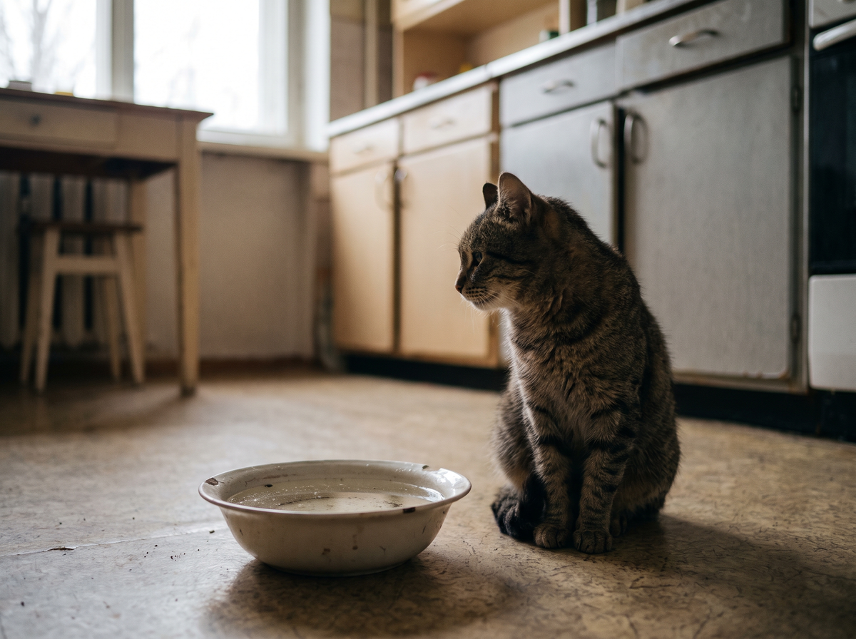 Katze wendet sich vom stillen Wassernapf ab, das Wasser ist unbewegt und staubig